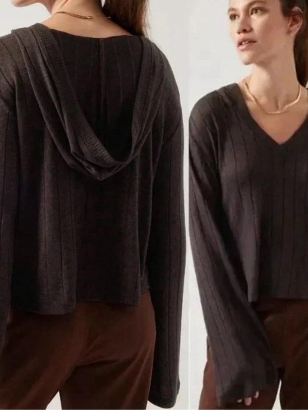 Athleta Harmony Pose‎ ribbed V neck cropped hoodie top womens XS brown
